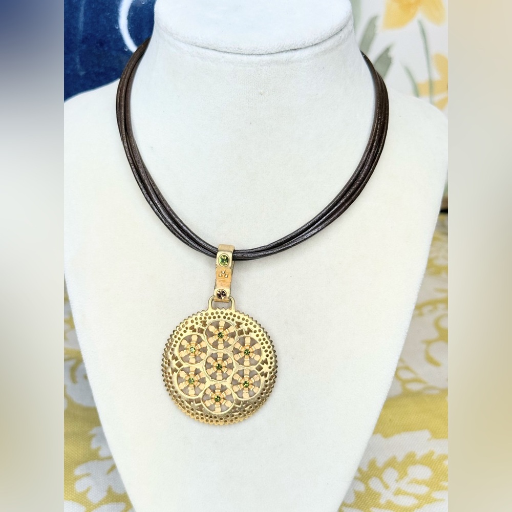 Gold Tone Filigree Medallion Pendant Necklace Green Rhinestone Multi Strand Cord